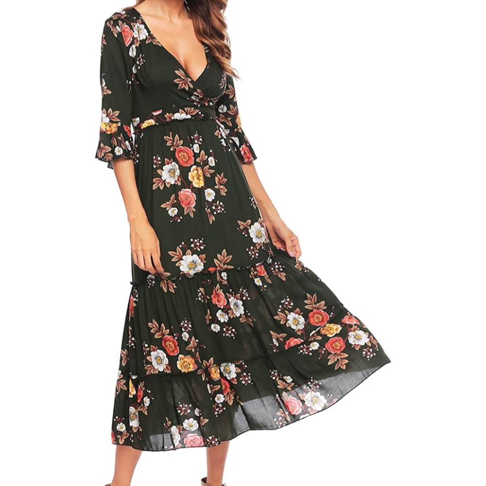NWT Sheshow Green Floral Dress Ruffle Details